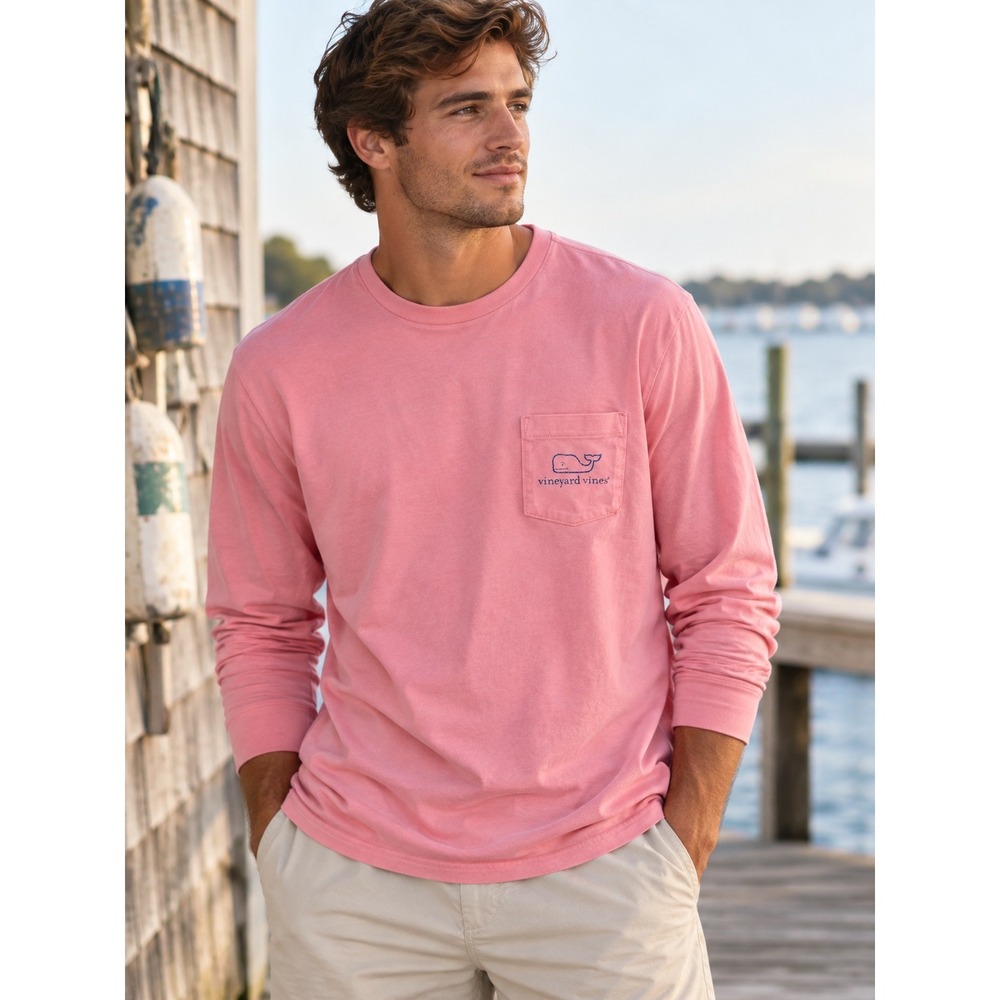 Vineyard Vines Men's L Pink Long Sleeve Whale Logo Pocket T-Shirt Preppy Coastal